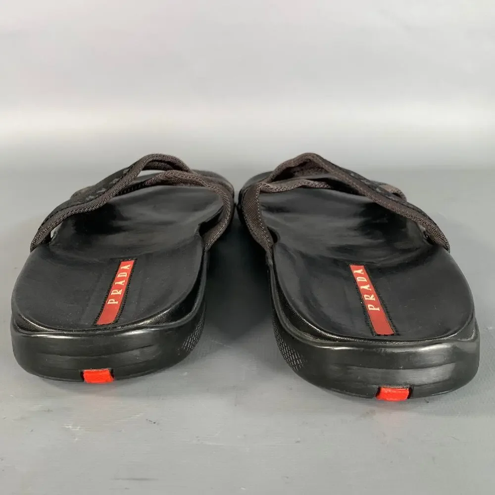PRADA Size 10 Black Mixed Fabrics Leather Canvas Flip flops Sandals